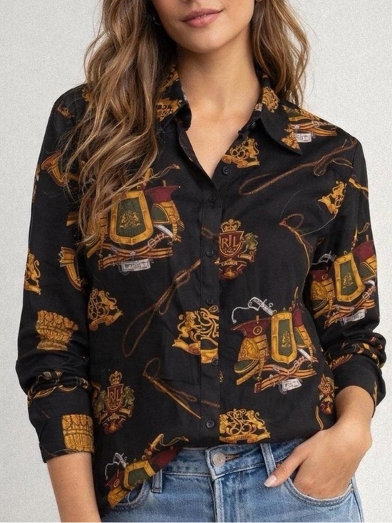 Lauren Ralph Lauren Tops - Lauren Ralph Lauren Black Gold Equestrian Lion Long Sleeve Button Up Shirt
